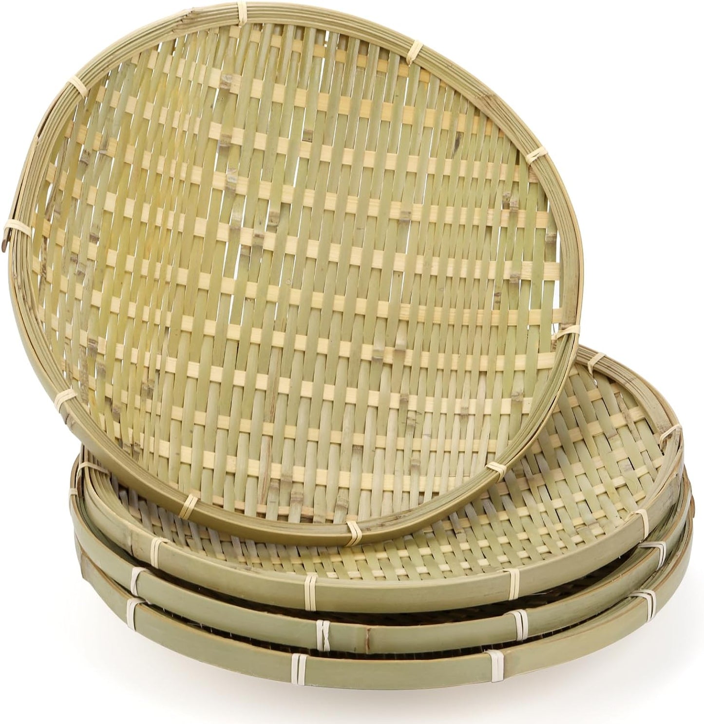 ZENFUN 4 Packs Bamboo Basket Tray, 12 in Round Hand Weave Bread Baskets for Serving, Woven Fruit Basket, Rattan Wicker Serving Basket for Garden, Daily Dinning, Kitchen Organization, Stackable