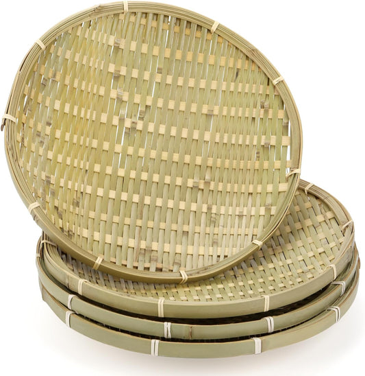 ZENFUN 4 Packs Bamboo Basket Tray, 12 in Round Hand Weave Bread Baskets for Serving, Woven Fruit Basket, Rattan Wicker Serving Basket for Garden, Daily Dinning, Kitchen Organization, Stackable