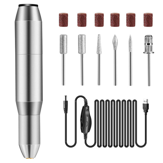 Nail Drill Set,DELIFO Electric Portable Nail File Drills Kit with 6 Heads & 6 Sanding Bands, Professional Manicure Pedicure Machine Tools for Acrylic Nails, Polishing Shape, USB Rechargeable_Normal_