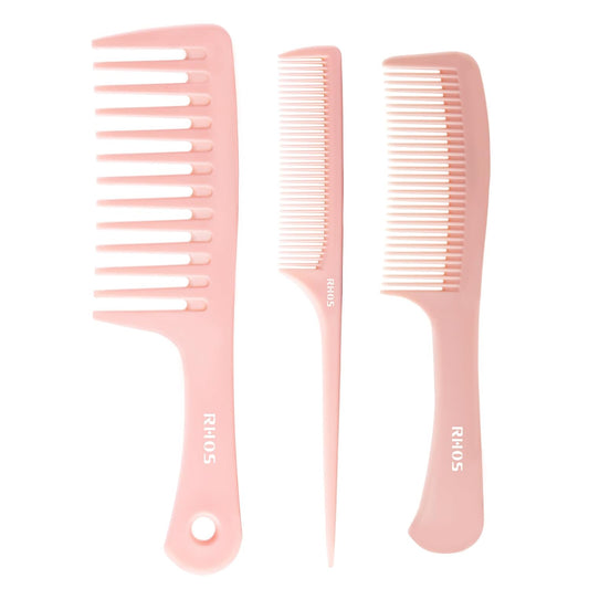 RHOS 3 Pieces Hair Comb Set for Women-Wide Tooth Comb,Rat Tail Comb for Parting Teasing-Detangling Hair Combs for All Hair Types,Anti-Static Heat Resistant Hair Styling Comb Set (Pink)