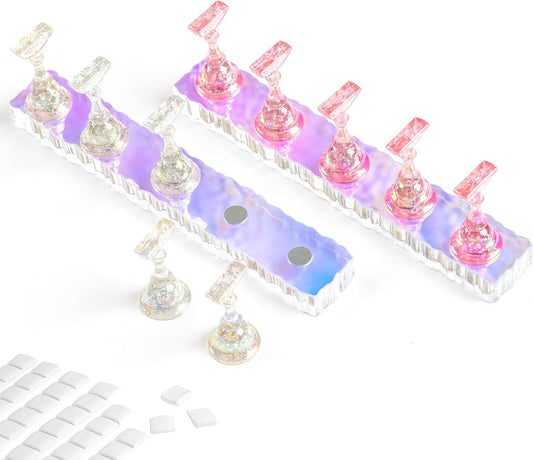 BQAN 2 Set Nail Holder for Painting Nails, Aurora Acrylic Nail Stand for Press on / Fake Nail Tips Training / Nails Display with 96 Pcs Reusable Adhesive Putty
