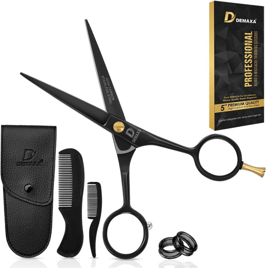 DEMAXA 5" Professional Beard Mustache Scissors with 1 Mustache Comb, 1 Beard Comb & Soft Pouch Ð Prefect Beard Trimming Scissors for All Facial Hair Scissors Ð Grooming Scissors Men (Black)