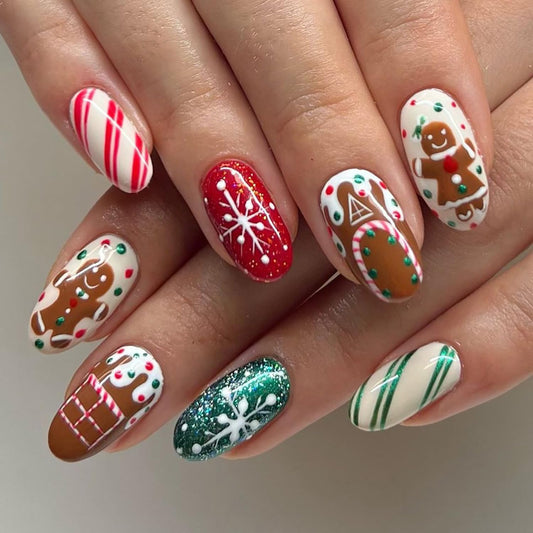 24Pcs Christmas Press on Nails Short Almond Fake Nails Red White False Nails Acrylic Nails Gingerbread Man Snowflake Glue on Nails Glossy Glitter Stick on Nails Full Cover Artificial Nails for Women
