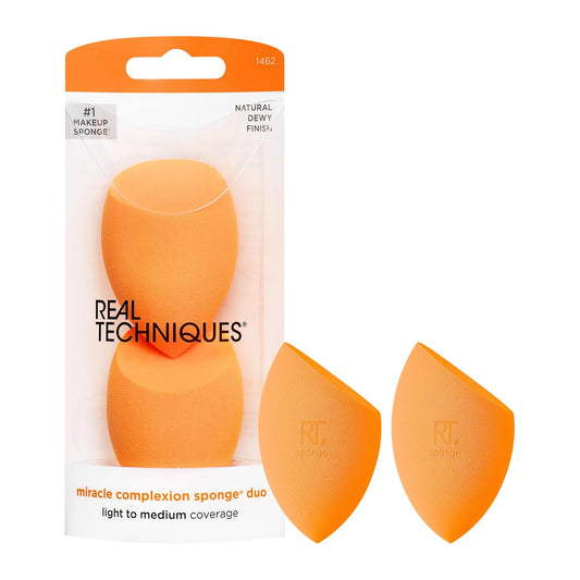 Real Techniques Miracle Complexion Sponge Duo, Makeup Blending Sponge, For Foundation, Offers Light To Medium Coverage, Natural, Dewy Makeup, Orange Sponge, Latex-Free Foam, 2 Count