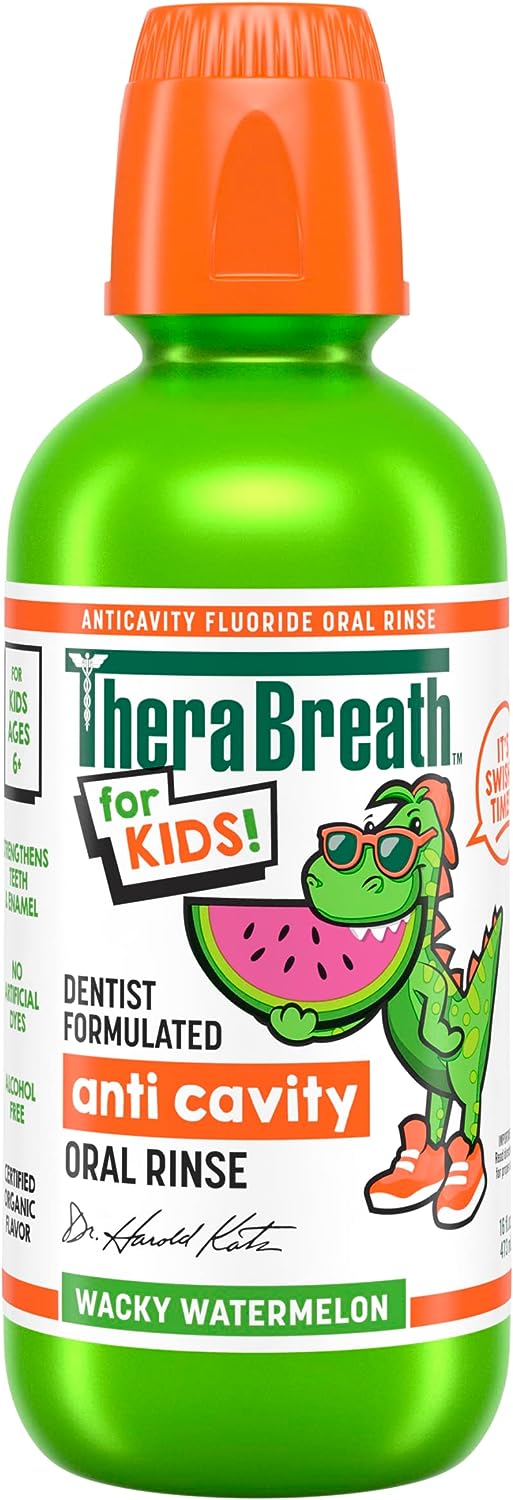 TheraBreath Kids Organic Wacky Watermelon Mouthwash with Fluoride, Anticavity, Dentist Formulated, 16 Fl Oz