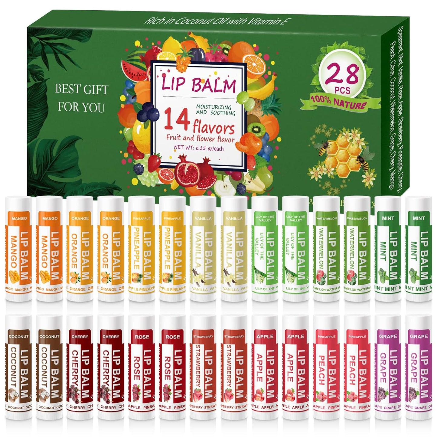 Yopela 28 Pack Natural Lip Balm Bulk with Vitamin E and Coconut Oil Valentine's Day Gift - Moisturizing, Soothing, and Repairing Dry and Chapped Lips - 14 Flavors - Non-GMO