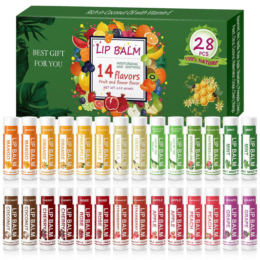 Yopela 28 Pack Natural Lip Balm Bulk with Vitamin E and Coconut Oil Valentine's Day Gift - Moisturizing, Soothing, and Repairing Dry and Chapped Lips - 14 Flavors - Non-GMO