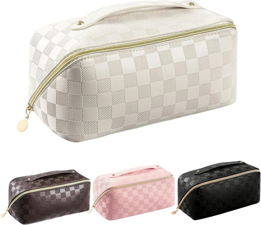 Makeup Bag - Large Capacity Travel Cosmetic Bag for Women, Multifunctional Open Flat Toiletry Bag with Handle, Washable Waterproof Beauty Zipper Makeup Organizer PU Leather, White