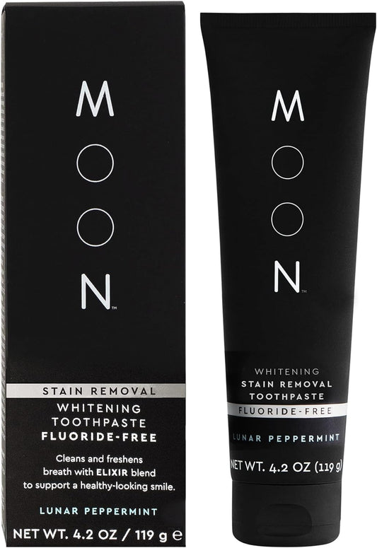 MOON Stain Removal Whitening Toothpaste, Fluoride-Free, Lunar Peppermint Flavor for Fresh Breath, for Adults 4.2 oz