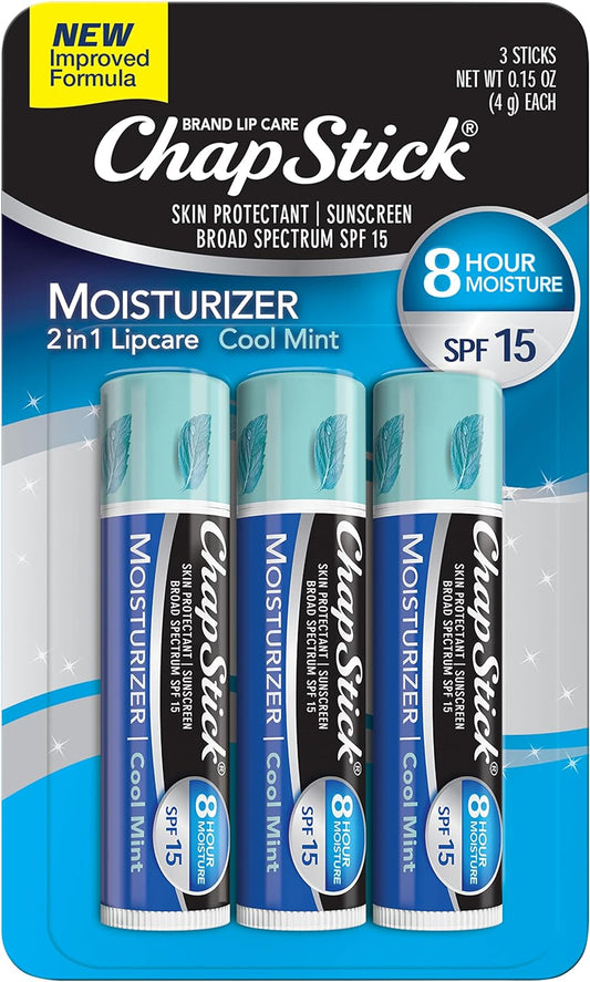ChapStick Moisturizer Cool Mint Lip Balm Tubes, SPF 15 and Skin Protectant - 3 Count (Pack of 1
