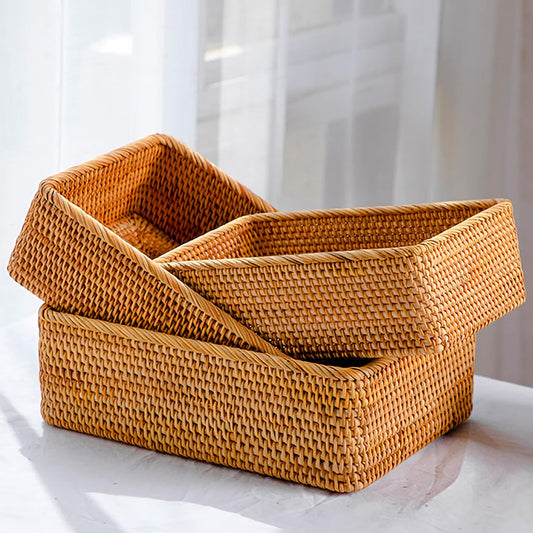 ZENFUN 3 Pack Rectangular Rattan Storage Baskets, Bulk Shallow Wicker Baskets for Decor, Handmade Woven Nesting Bread Baskets for Organizing, Serving, for Kitchen, Home, 3 Sizes
