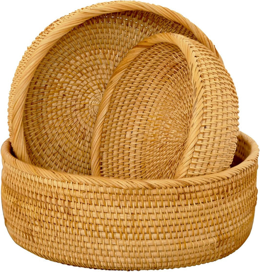 Round Rattan Bread Basket - Bread Baskets for Serving, Bread Serving Basket, Wicker Bowl, Rattan Fruit Basket, Rattan Bowl, Rattan Fruit Bowl for Easter Dinner and Everyday Use, Set of 3