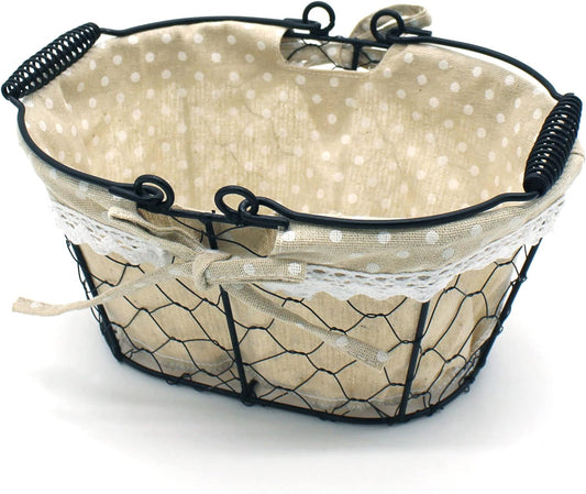 CVHOMEDECO. Oval Chicken Wire Fruit Basket Rustic Bread Basket with Swimming Handle and Fabric Liner. Matt Black, 9-3/4 X 6-3/4 X 4-1/2 Inch
