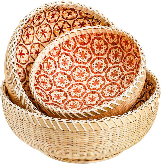 Elsjoy Set of 3 Wicker Woven Storage Basket, Bamboo Bread Basket Round Rattan Serving Basket Farmhouse Decor for Fruits, Vegetables, Potatoes, Stackable 9.6"/8"/7"