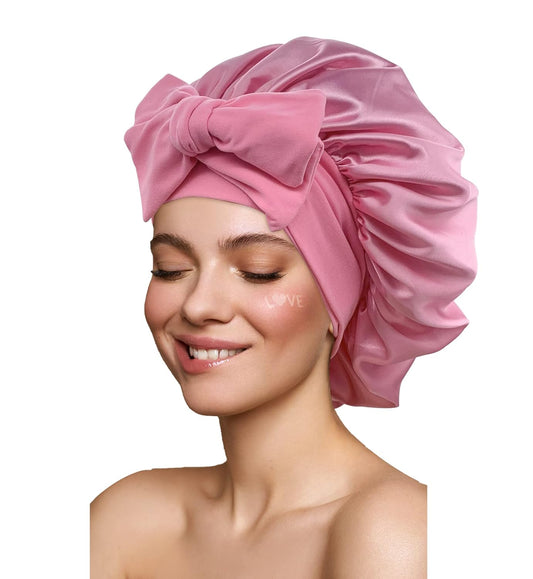 Satin Bonnet Silk Bonnet Hair Bonnet for Sleeping Large Bonnets with Tie Band Hair Wrap with Adjustable Straps Hair Cap Night Sleep Caps for Women Curly Braid Hair Dark Pink