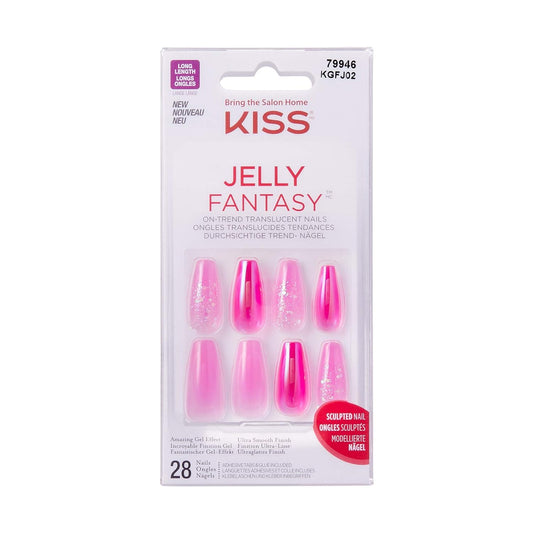 KISS Jelly Fantasy On-Trend Translucent Sculpted Nails, Long, Coffin, ÒJelly BabyÓ, Durable, Easy To Apply, Includes Pink Gel Nail Glue, Mini Nail File, Manicure Stick & 28 Fake Nails