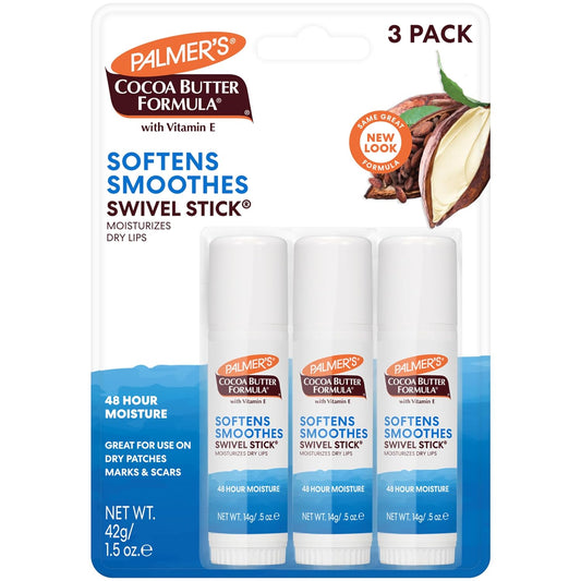 Palmer's Cocoa Butter Formula Moisturizing Swivel Stick with Vitamin E, Lip Balm Valentines Day Gifts for Her, Face & Body Moisturizer Stick Ideal for Treating Dry Skin Patches (Pack of 3)