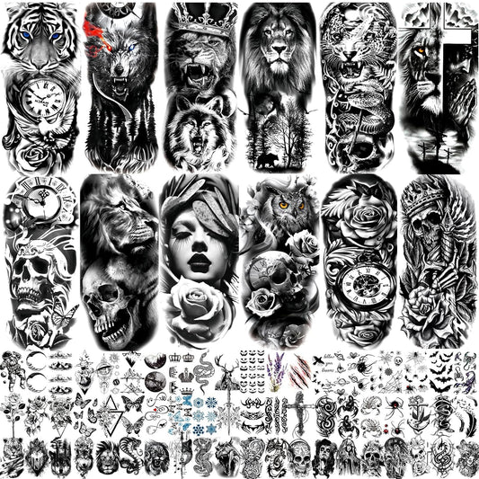 JEEFONNA 72 Sheets Temporary Tattoo for Men Women Adults, Include 12 Sheets Large Black 3D Realistic Tattoos Half Sleeve Temporary Tattoos, Include Black Scary Lion Wolf Tiger Skull Fake Tattoos É