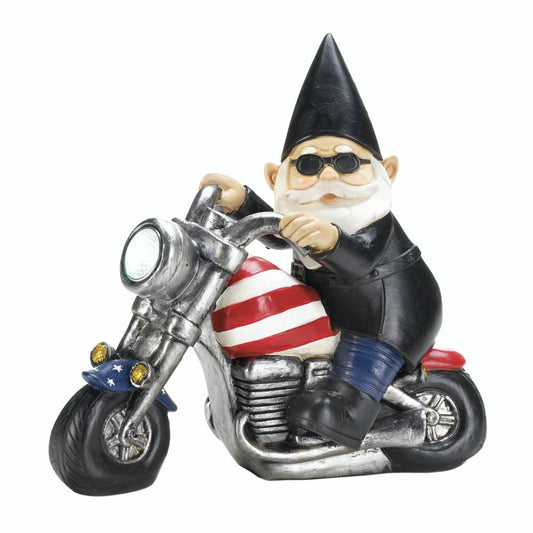 7.5" Biker Gnome Solar Garden Statue, Black & Silver