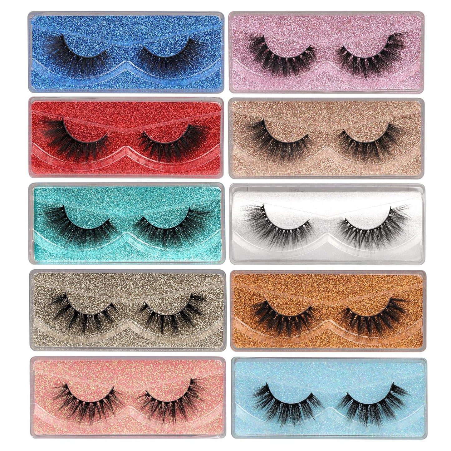 False Eyelashes Wispy 18mm Natural 3D Faux Mink Lashes Pack 10 Pairs 10 Styles Mixed Soft Reusable Fake Eyelashes Bulk with Glitter Portable Boxes