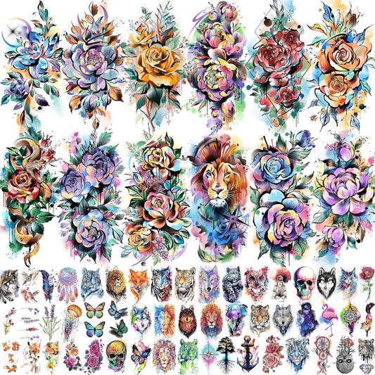 EGMBGM 63 Sheets 3D Watercolor Rose Temporary Tattoos For Women Arm Girls Adults, Water Color Peony Flower Tattoo Sticker, Bulk Temp Fake Long Lasting Tattoo Colorful Floral Moon Snake Lion Wolf Tiger