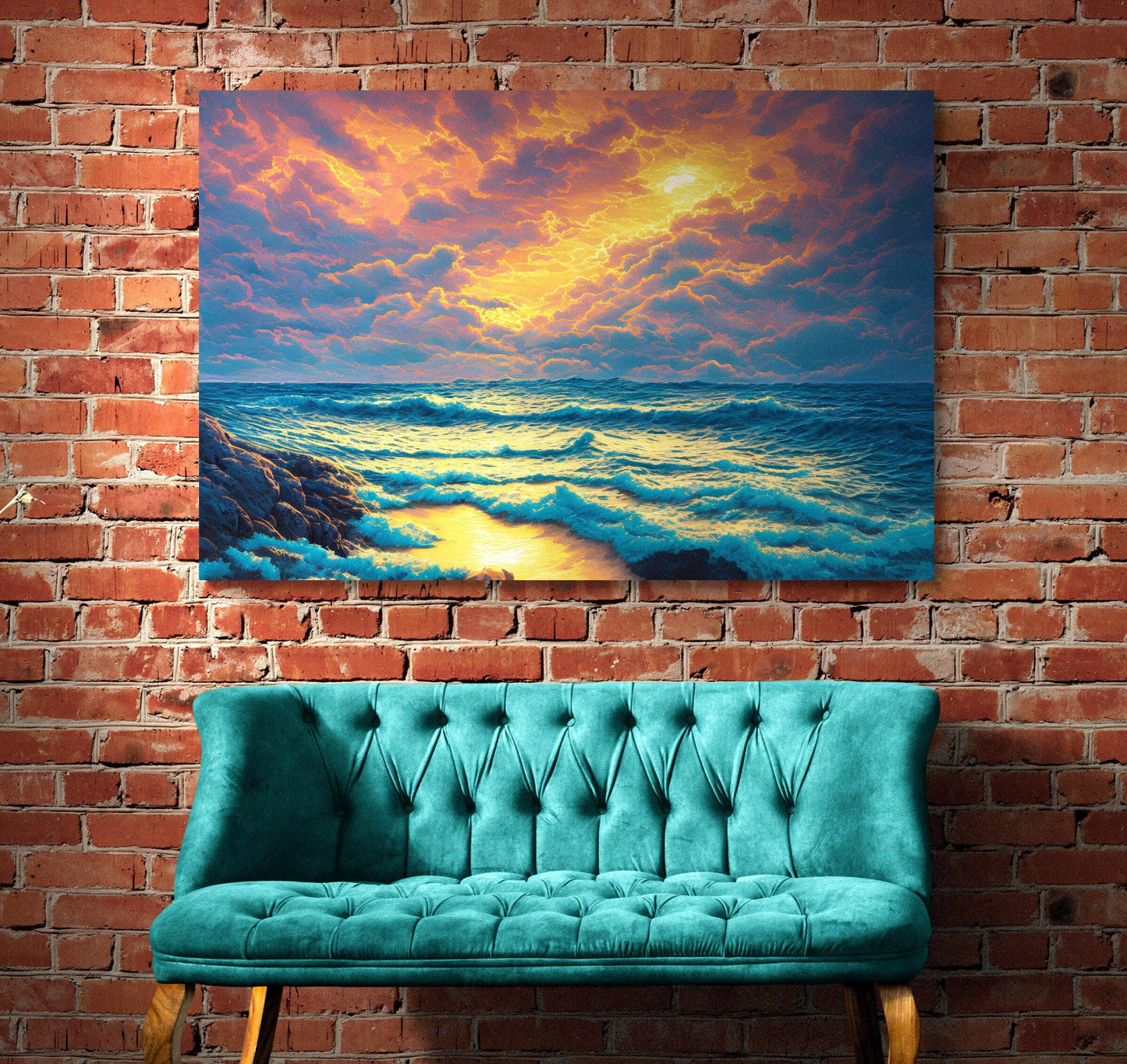 Sunset Over Blue Ocean Painting Canvas Print #C6495