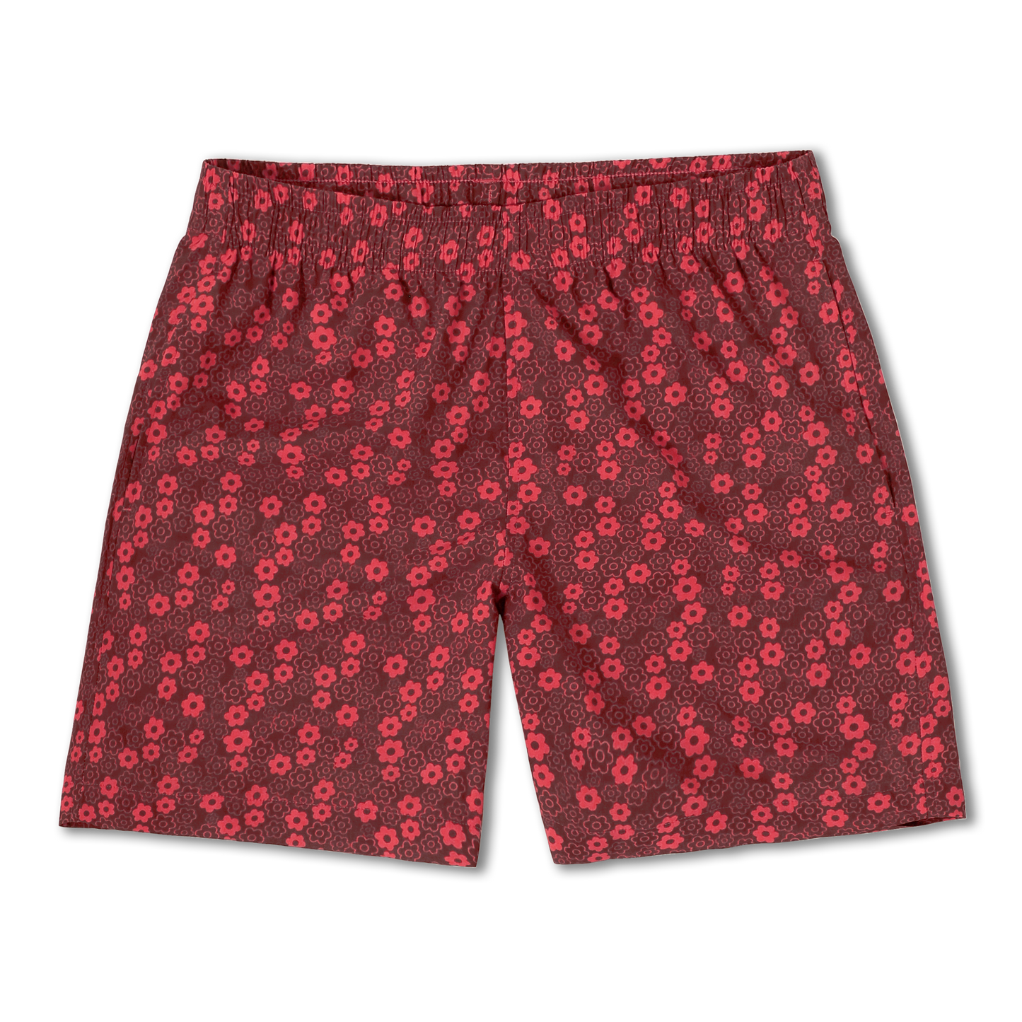 Cabana Short 5.5" Poppy a red print with small darker and lighter poppy flowers on a short with an elastic waistband and two side seam pockets