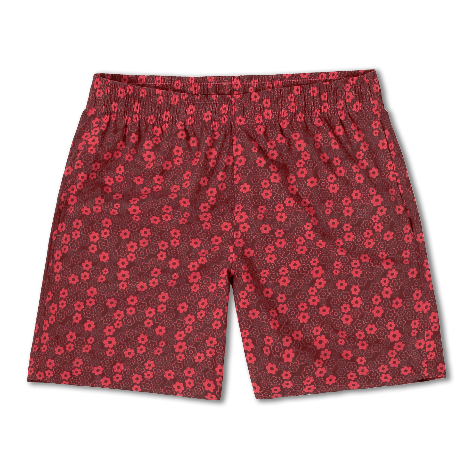 Cabana Short 5.5" Poppy a red print with small darker and lighter poppy flowers on a short with an elastic waistband and two side seam pockets