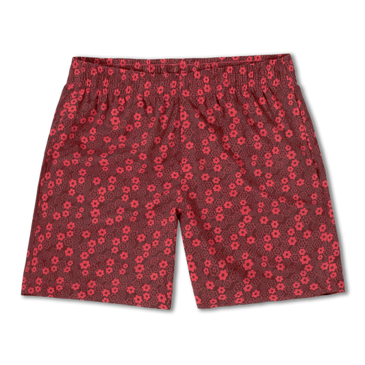Cabana Short 5.5" Poppy a red print with small darker and lighter poppy flowers on a short with an elastic waistband and two side seam pockets