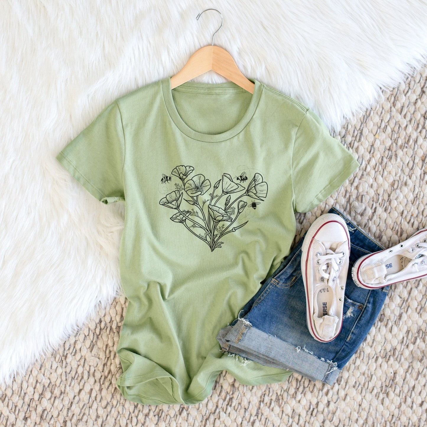 California Poppy Heart - Women's Crewneck - Made in USA - 100% Organic Cotton