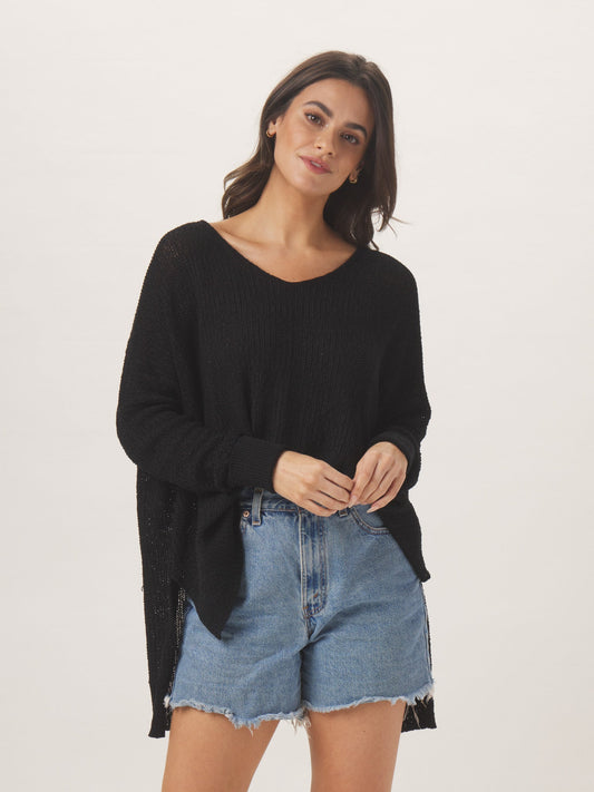 Roadtrip V Neck Sweater in Black On Model from Front