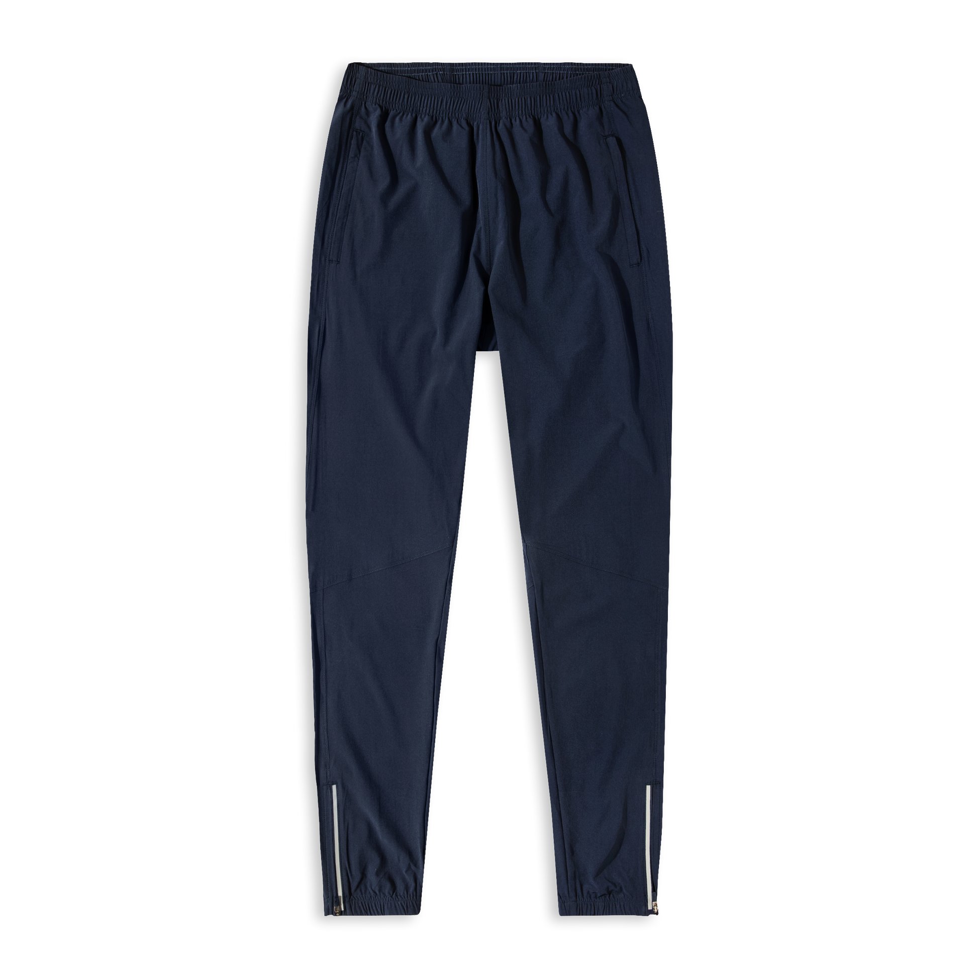 Run Jogger Navy front with Elastic Waistband, Zippered Side Pockets, Zipper at ankles, and Reflective strip at side seam/bottom hem