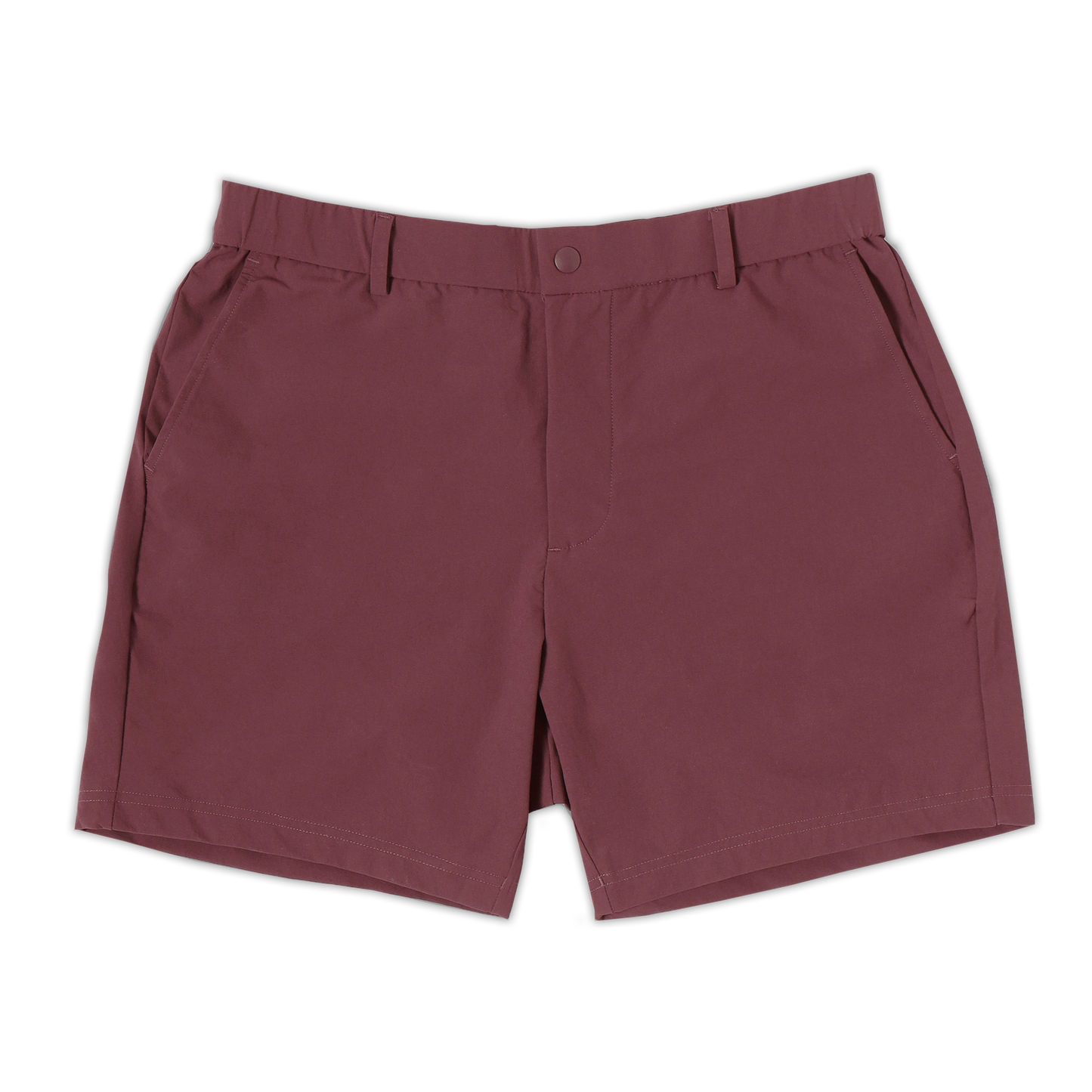 Tour Short 5.5" Wine with flat elastic waistband, belt loops, snap-button, zipper fly, and two front seam pockets