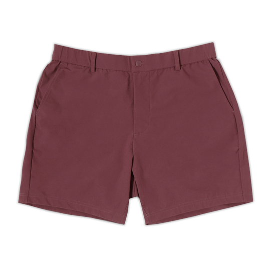 Tour Short 5.5" Wine with flat elastic waistband, belt loops, snap-button, zipper fly, and two front seam pockets