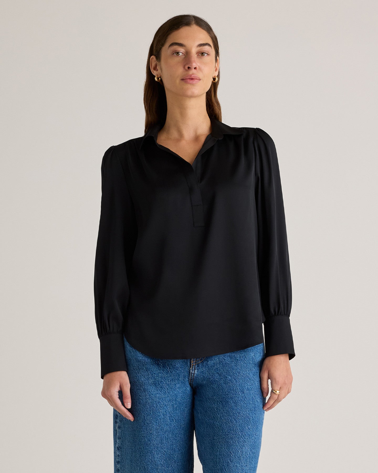 Washable Stretch Silk Split Neck Blouse