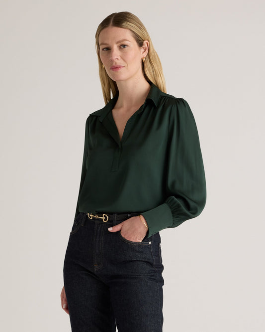 Washable Stretch Silk Split Neck Blouse