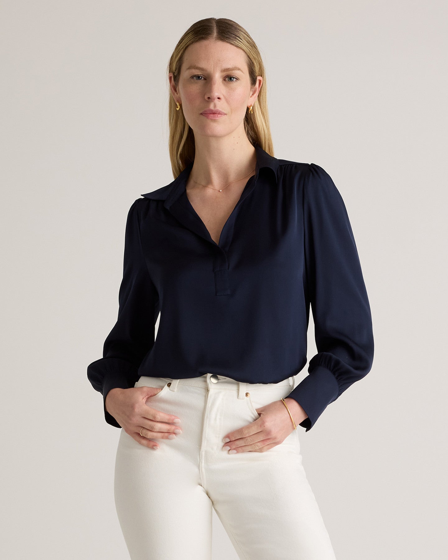 Washable Stretch Silk Split Neck Blouse