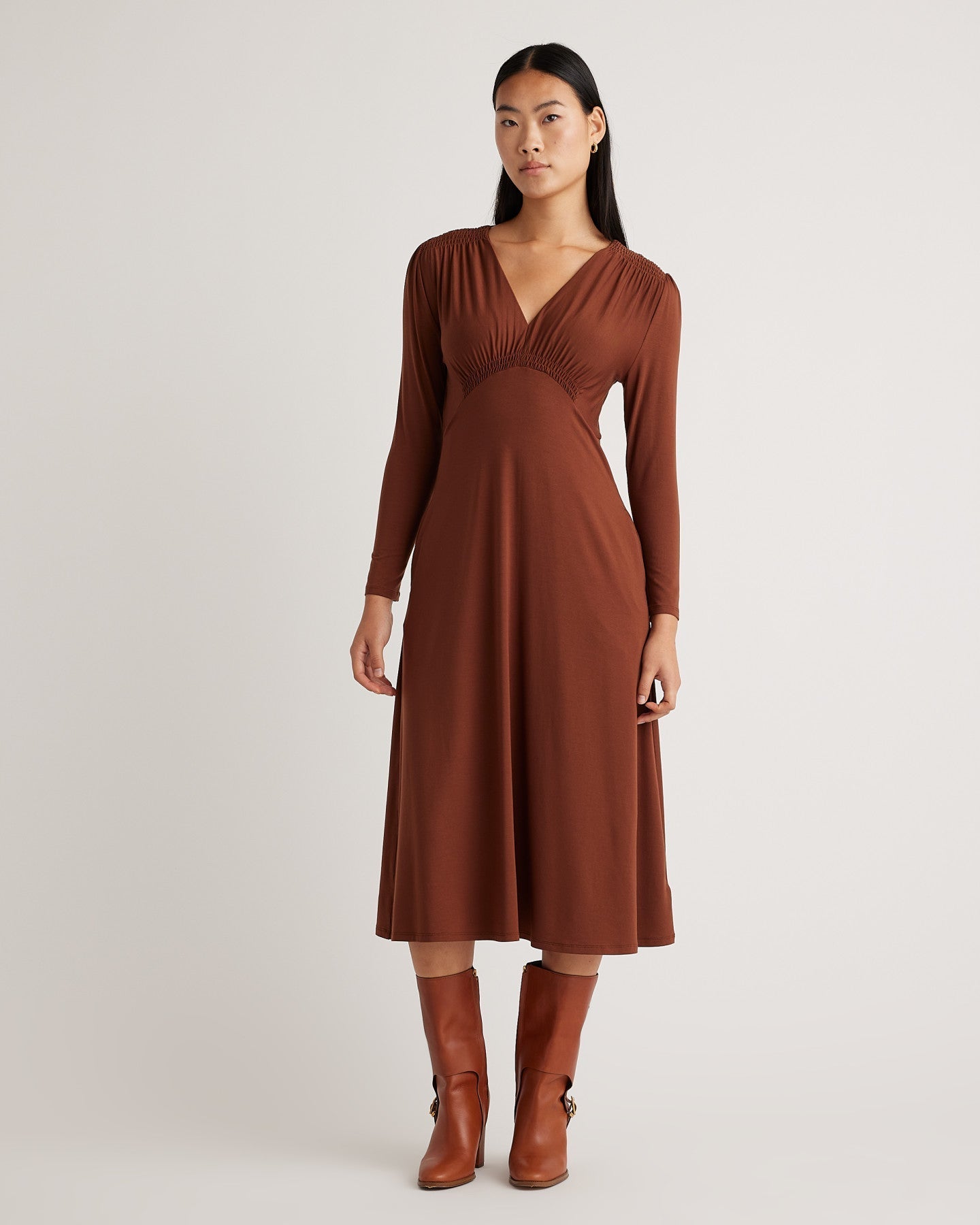 Tencel Jersey V-Neck Long Sleeve Midi Dress