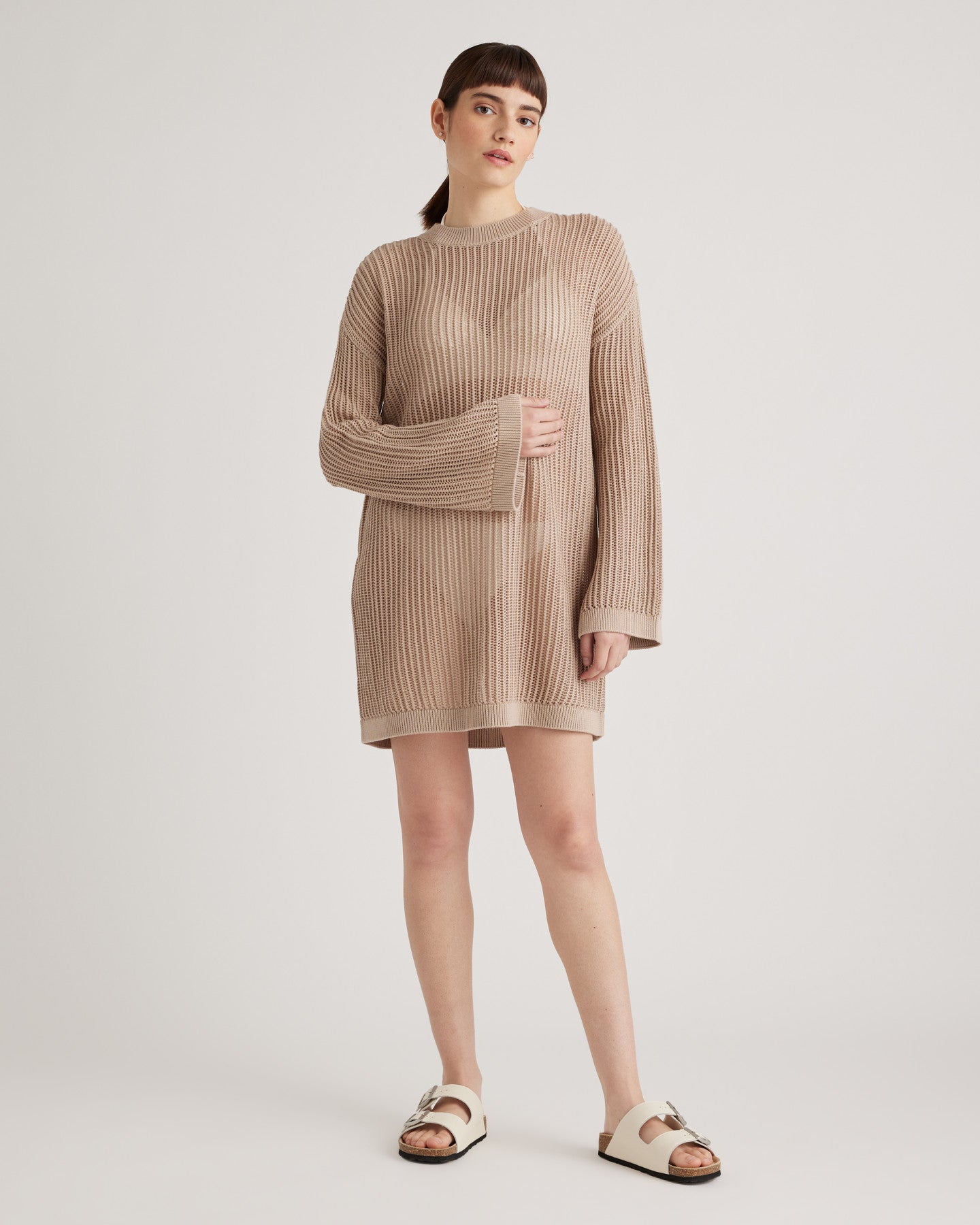 100% Organic Cotton Open-Knit Long Sleeve Cover-Up Mini Dress