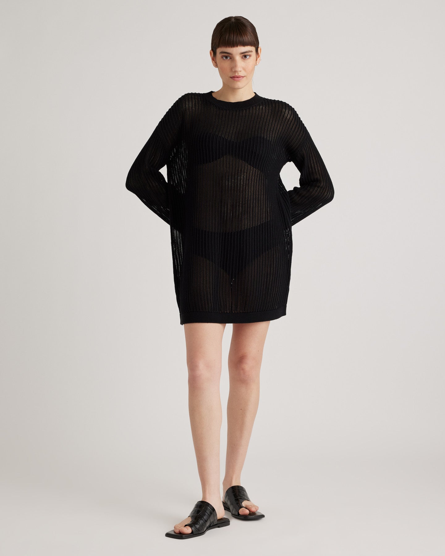 100% Organic Cotton Open-Knit Long Sleeve Cover-Up Mini Dress