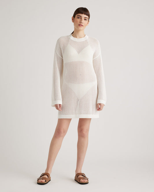 100% Organic Cotton Open-Knit Long Sleeve Cover-Up Mini Dress