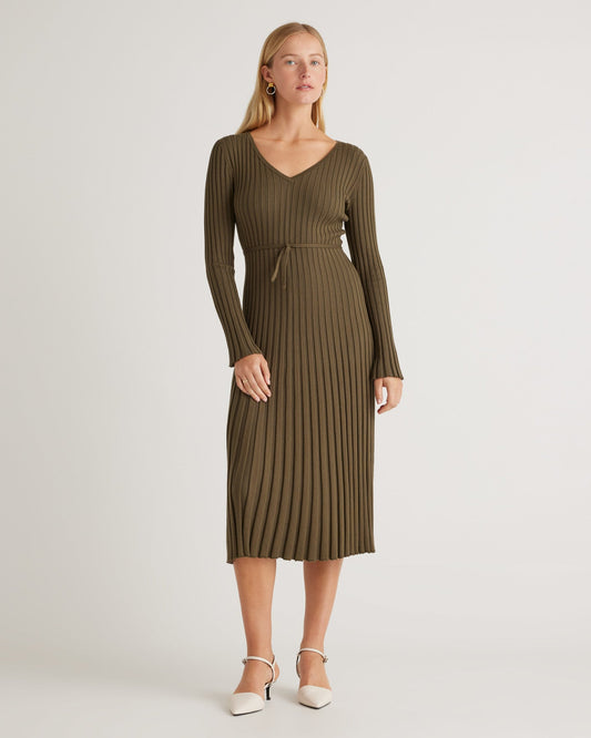 Cotton Cashmere Ribbed Long Sleeve V-Neck Midi Dress