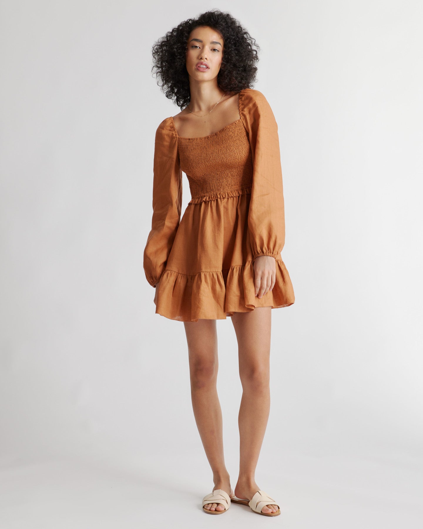 100% European Linen Smocked Mini Dress