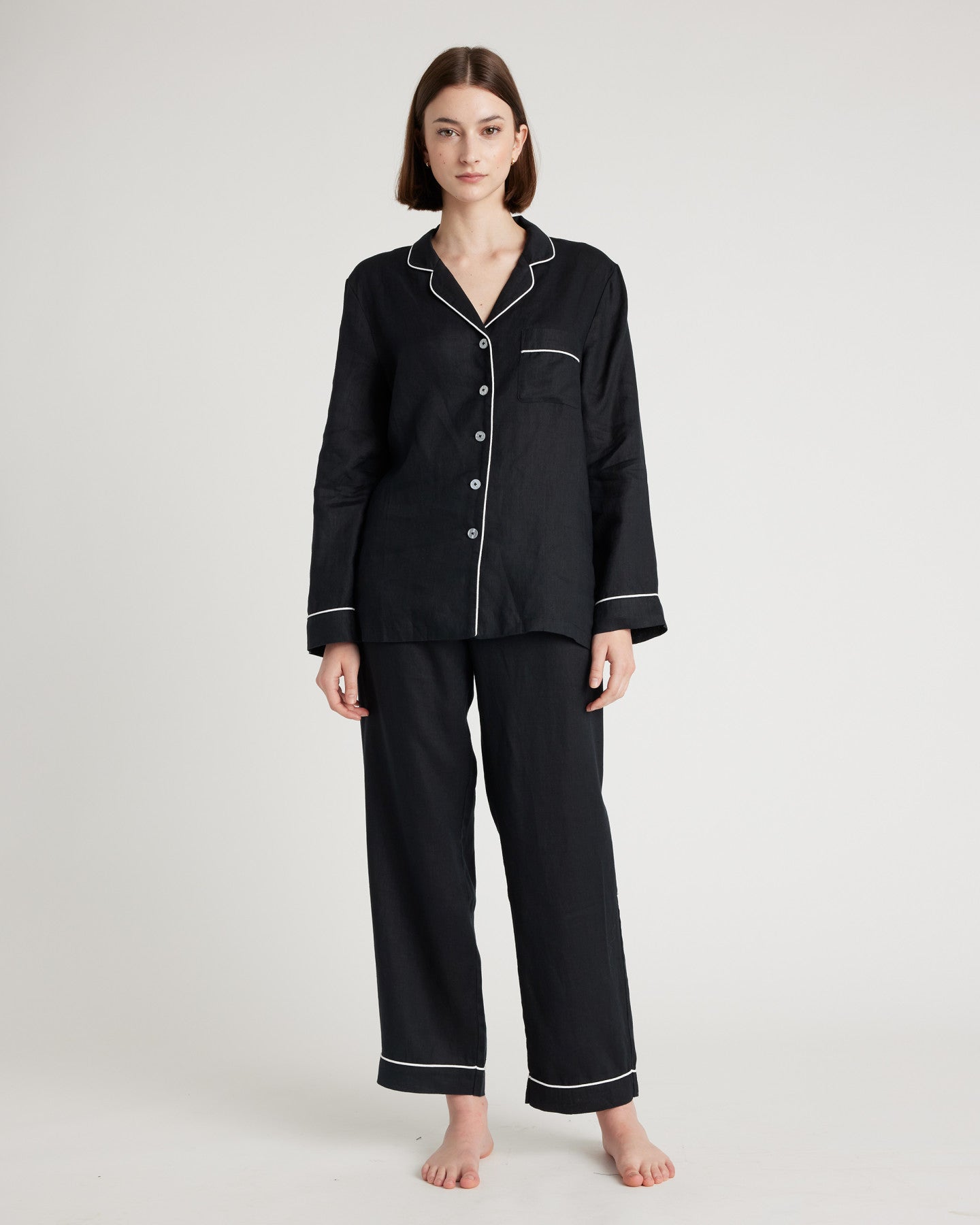100% European Linen Long Sleeve Pajama Set with Piping