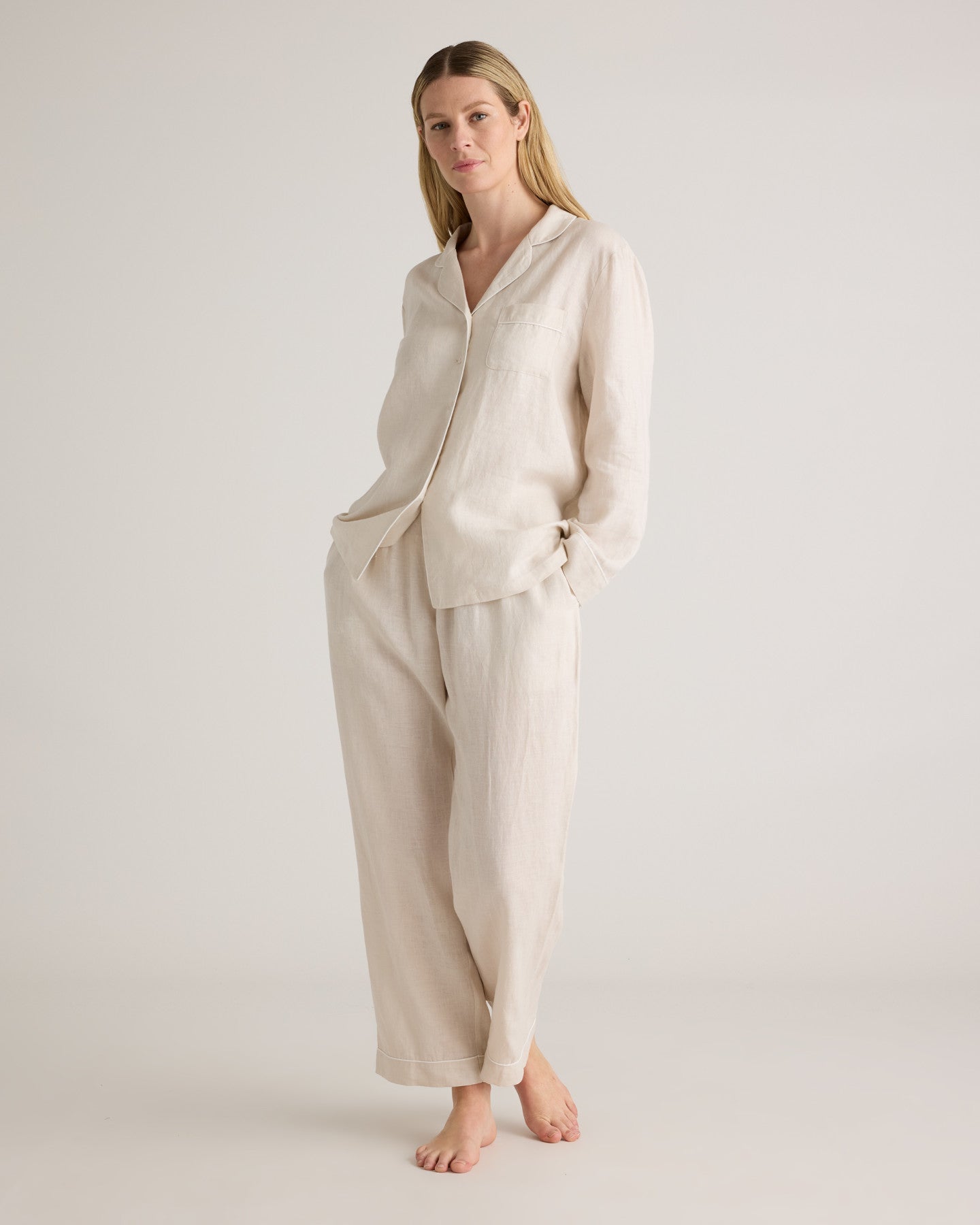 100% European Linen Long Sleeve Pajama Set with Piping