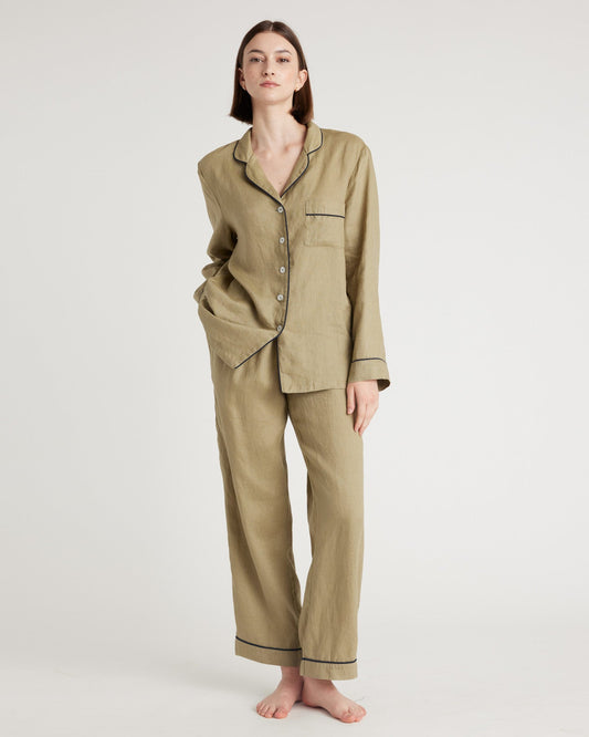 100% European Linen Long Sleeve Pajama Set with Piping