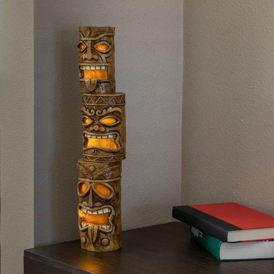 3-Tier Tiki Totem Statue with Solar LED Lights, Brown