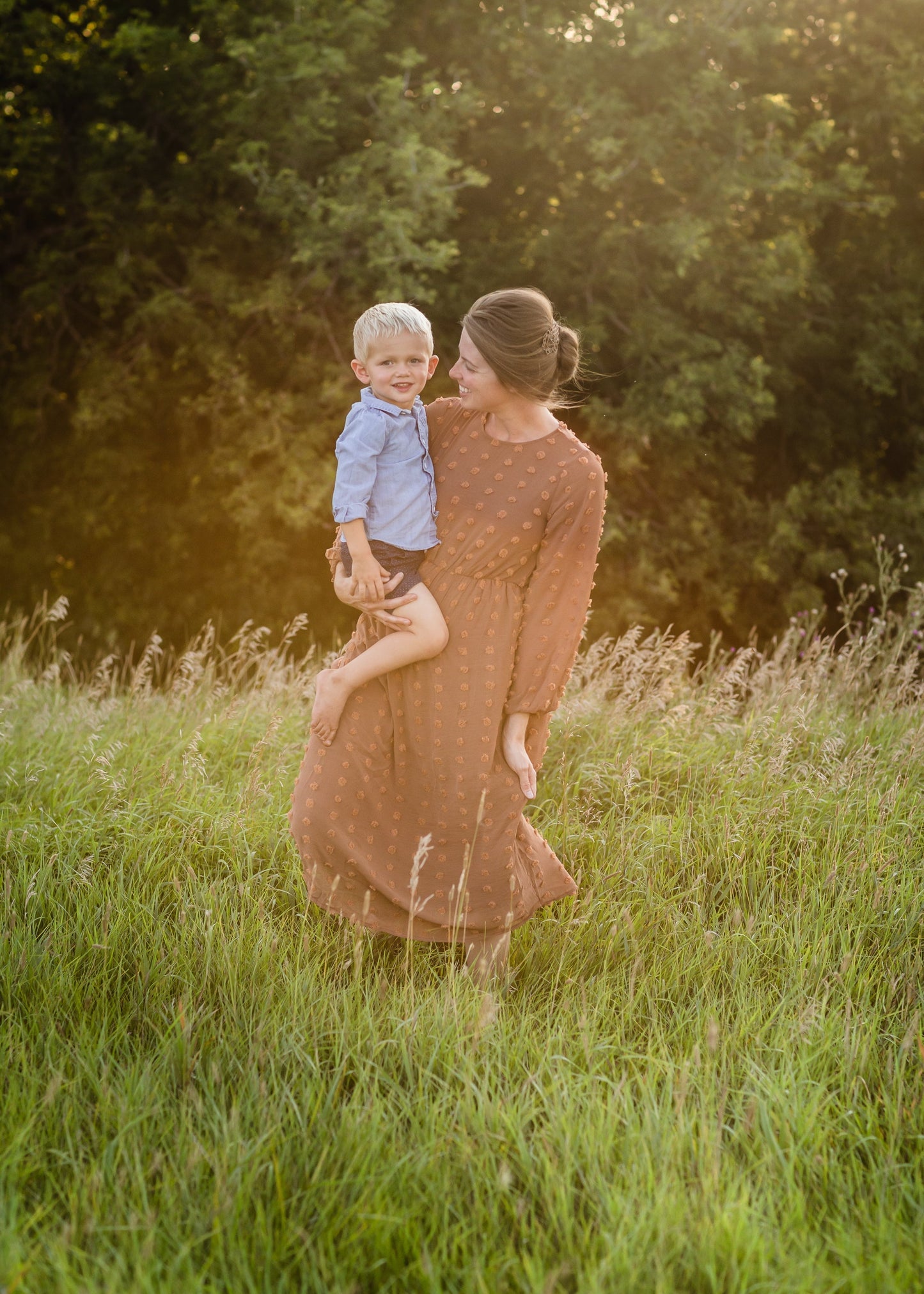 Brown Long Sleeve Swiss Dot Midi Dress - FINAL SALE