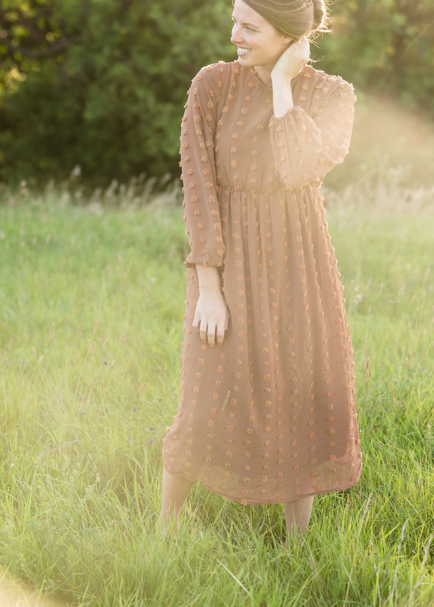 Brown Long Sleeve Swiss Dot Midi Dress - FINAL SALE