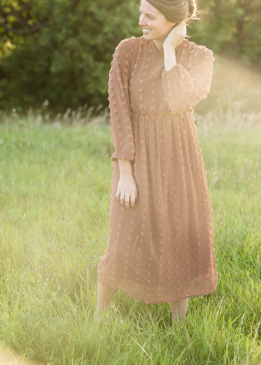 Brown Long Sleeve Swiss Dot Midi Dress - FINAL SALE